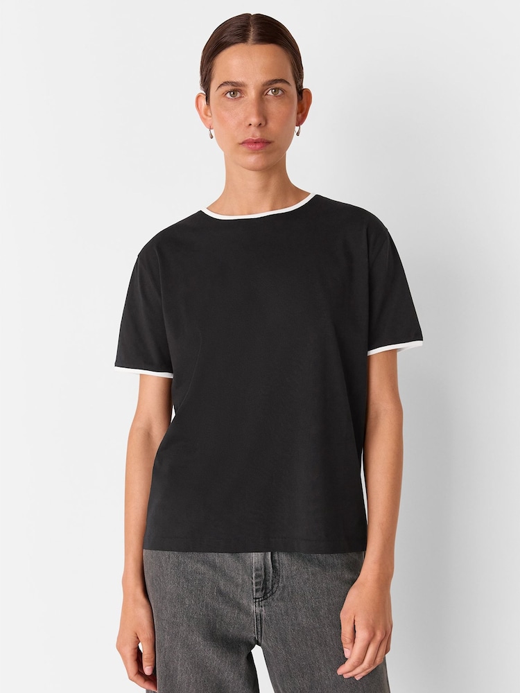 Whistles Black Contrast Piping Detail T-Shirt - Image 1 of 5