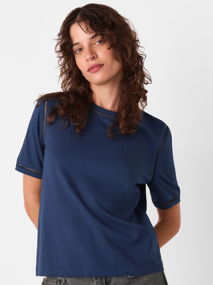 Whistles Blue Broderie Trim Detail T-Shirt - Image 1 of 5