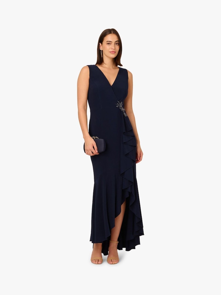 green emerald velvet dress ADRIANNA PAPELL AP1E209309 ONE SHOULDER CASCADE RUFFLE GOWN main image 0