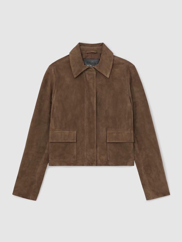 Reiss Taupe Neutral Drew Suede Suede Cropped Jacket - Image 2 of 6 Reiss Taupe Neutral Drew Suede Suede Cropped Jacket - Image 2 of 6
