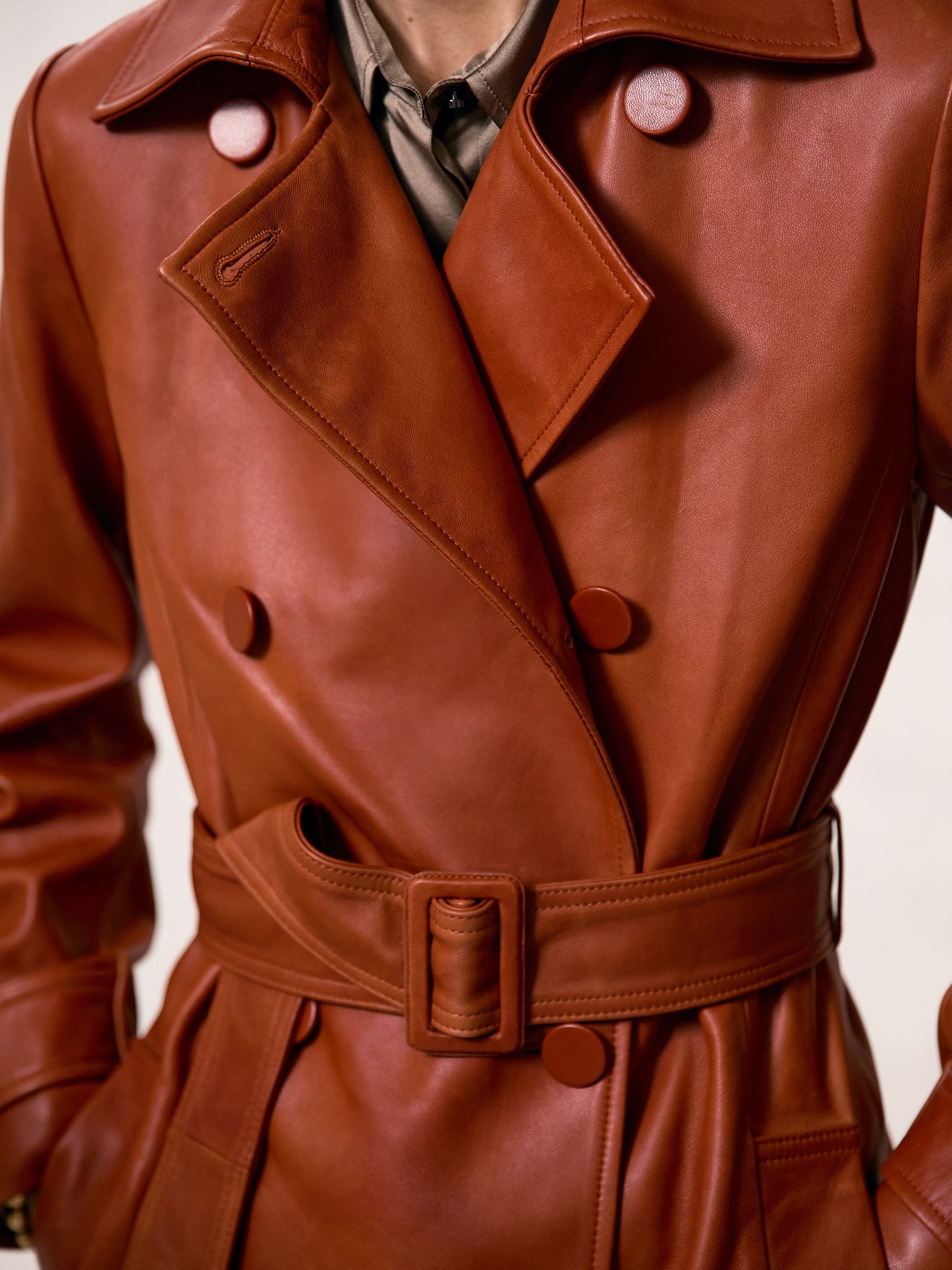 Buy Reiss Tan Hattie Leather Double-Breasted Trench Coat from the