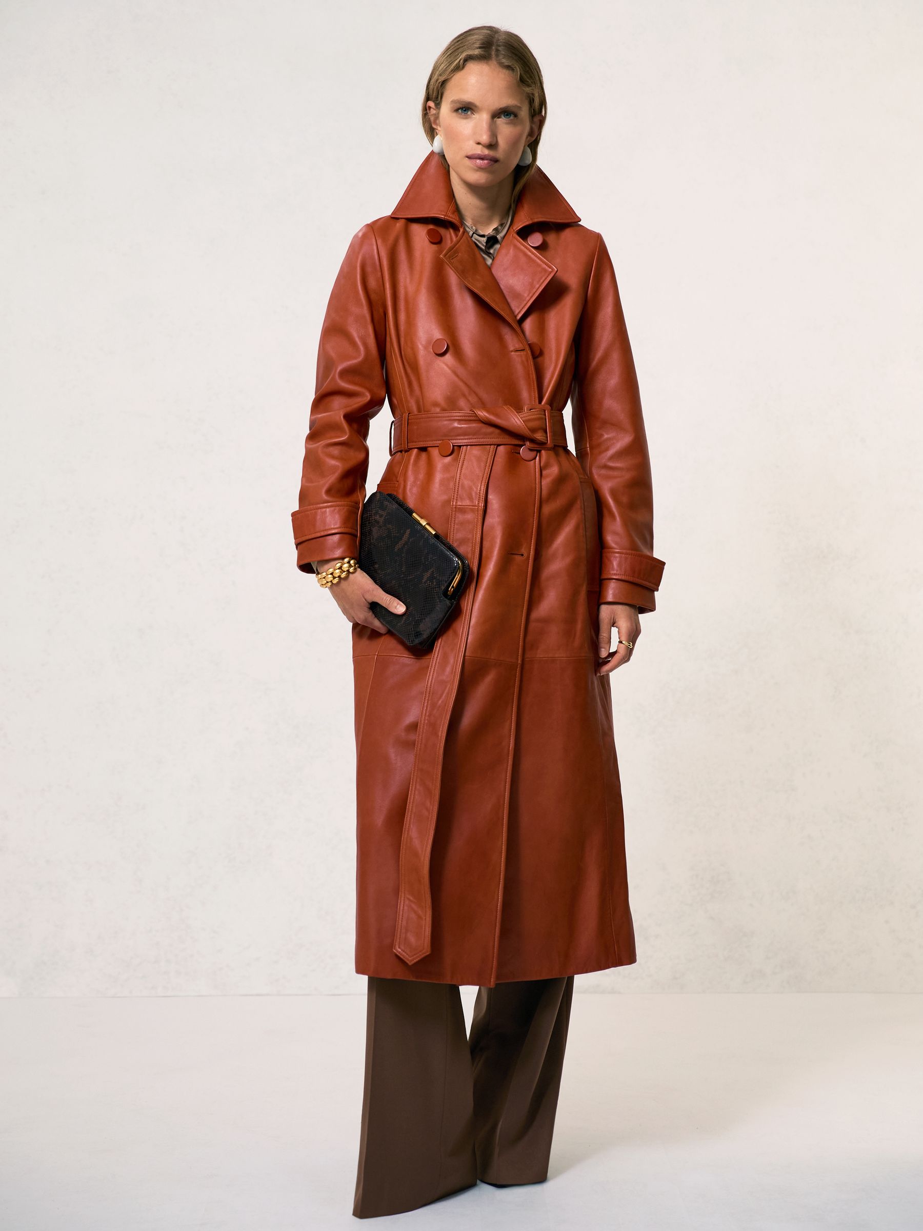 Buy Reiss Tan Hattie Leather Double-Breasted Trench Coat from the