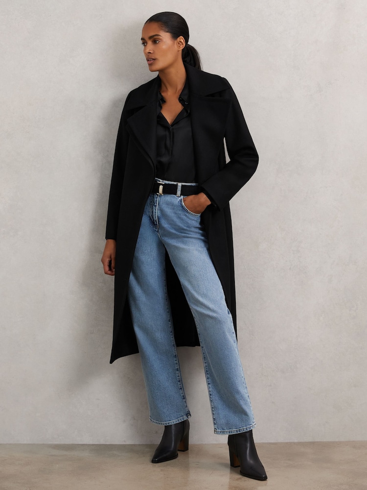 Reiss Black Odette Petite Wool-Blend Double-Lapel Belted Coat With Cashmere - Image 1 of 8 Reiss Black Odette Petite Wool-Blend Double-Lapel Belted Coat With Cashmere - Image 1 of 8
