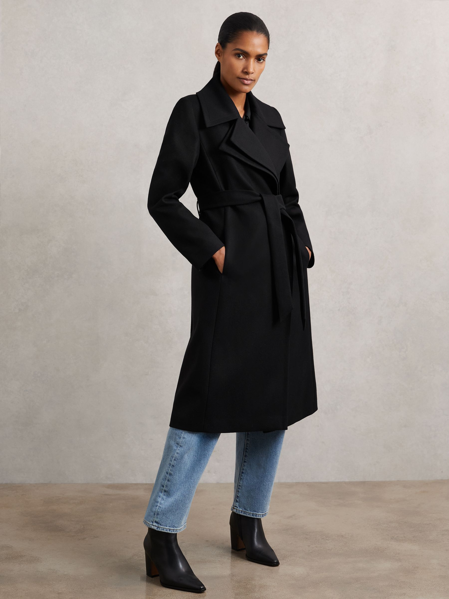Buy Reiss Black Odette Petite Wool-Blend Double-Lapel Belted Coat