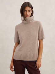 Reiss Oatmeal Neutral Esme Cashmere Short-Sleeve Roll-Neck Jumper - Image 1 of 7