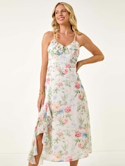 Vestido midi romano pequeno com estampa floral com babados - Imagem 1 de 5