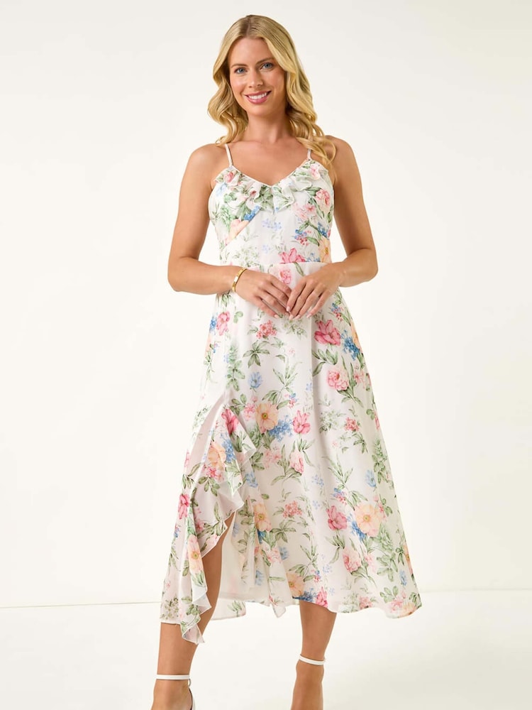 Vestido midi romano pequeno com estampa floral com babados - Imagem 2 de 5