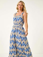 Roman Blue Petite Abstract Shirred Waist Midi Dress - Image 1 of 5