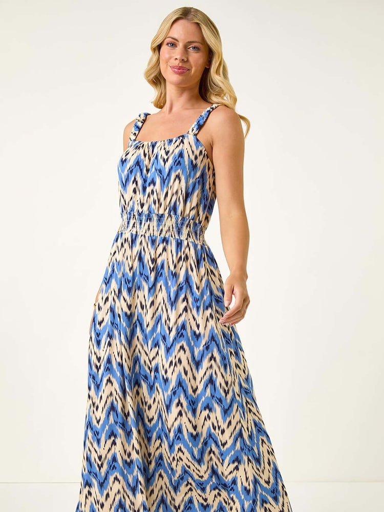 Roman Blue Petite Abstract Shirred Waist Midi Dress - Image 1 of 5