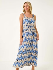 Roman Blue Petite Abstract Shirred Waist Midi Dress - Image 2 of 5