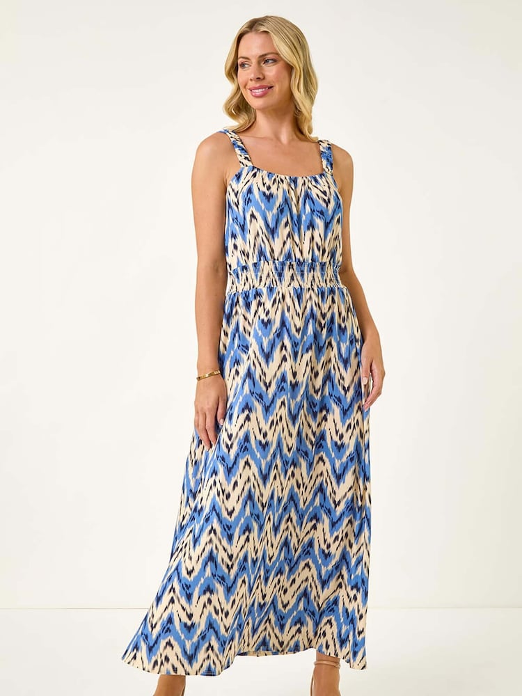 Roman Blue Petite Abstract Shirred Waist Midi Dress - Image 2 of 5