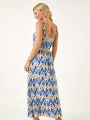 Roman Blue Petite Abstract Shirred Waist Midi Dress - Image 3 of 5