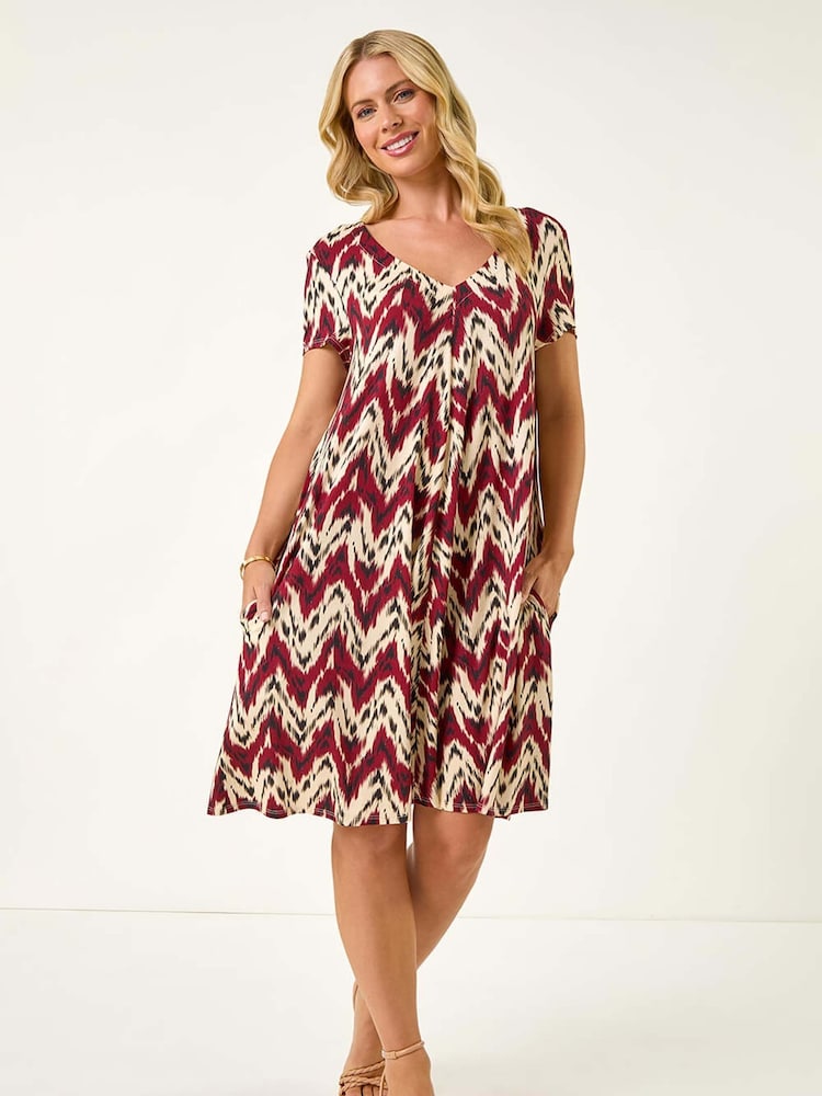 Roman Brown Petite Abstract Print Swing Stretch Dress - Image 2 of 5
