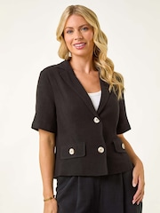 Roman Black Petite Linen Mix Buttoned Jacket - Image 4 of 5