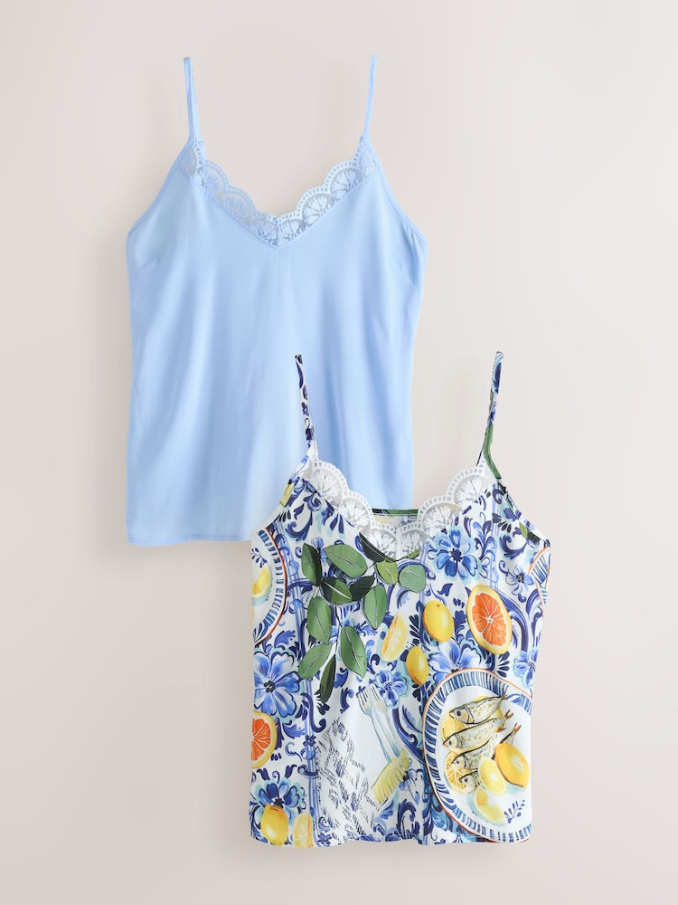 Blue Printed Lace Broderie Cami Vest 2 Pack - Image 1 of 9