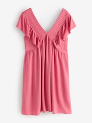 Pink Linen Pleated V-Neck Frilled Sleeveless Dress - Image 1 of 1