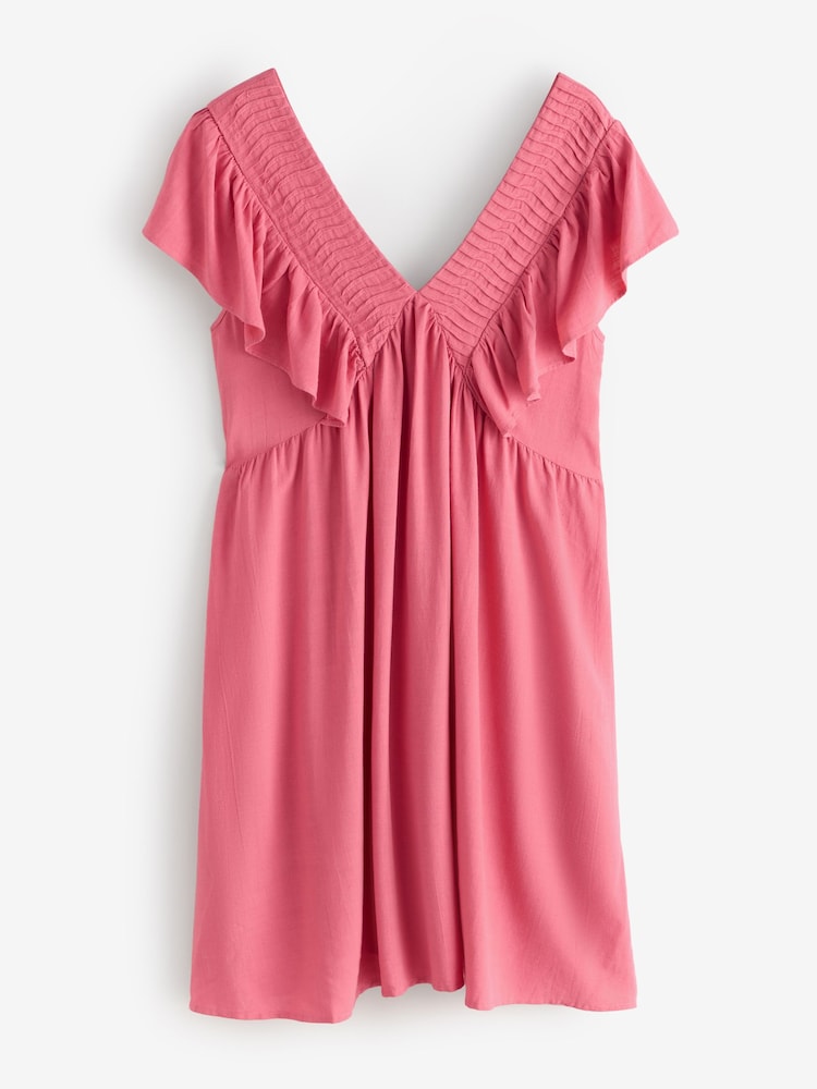 Pink Linen Pleated V-Neck Frilled Sleeveless Dress - Image 1 of 1