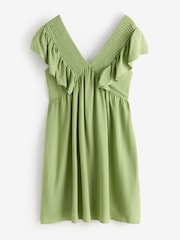 Green Linen Pleated V-Neck Frilled Sleeveless Dress - Image 1 of 1