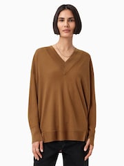 AllSaints Brown Bern Panel V-Neck Jumper - Image 1 of 8