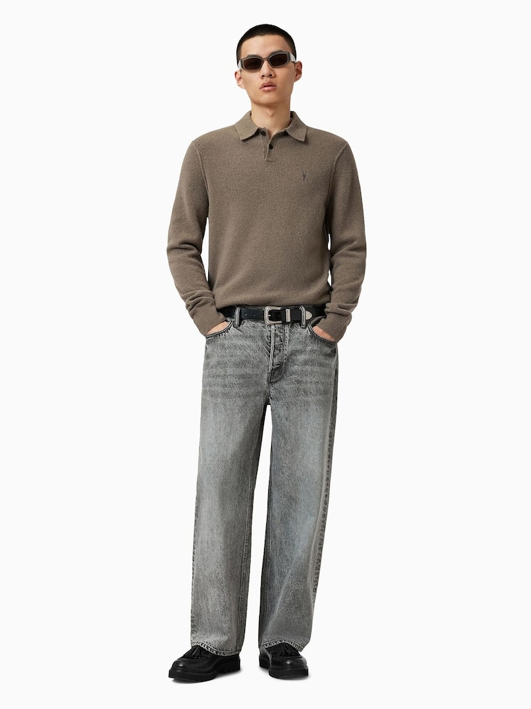 AllSaints Green Statten White Long Sleeve Polo Jumper - Image 1 of 8