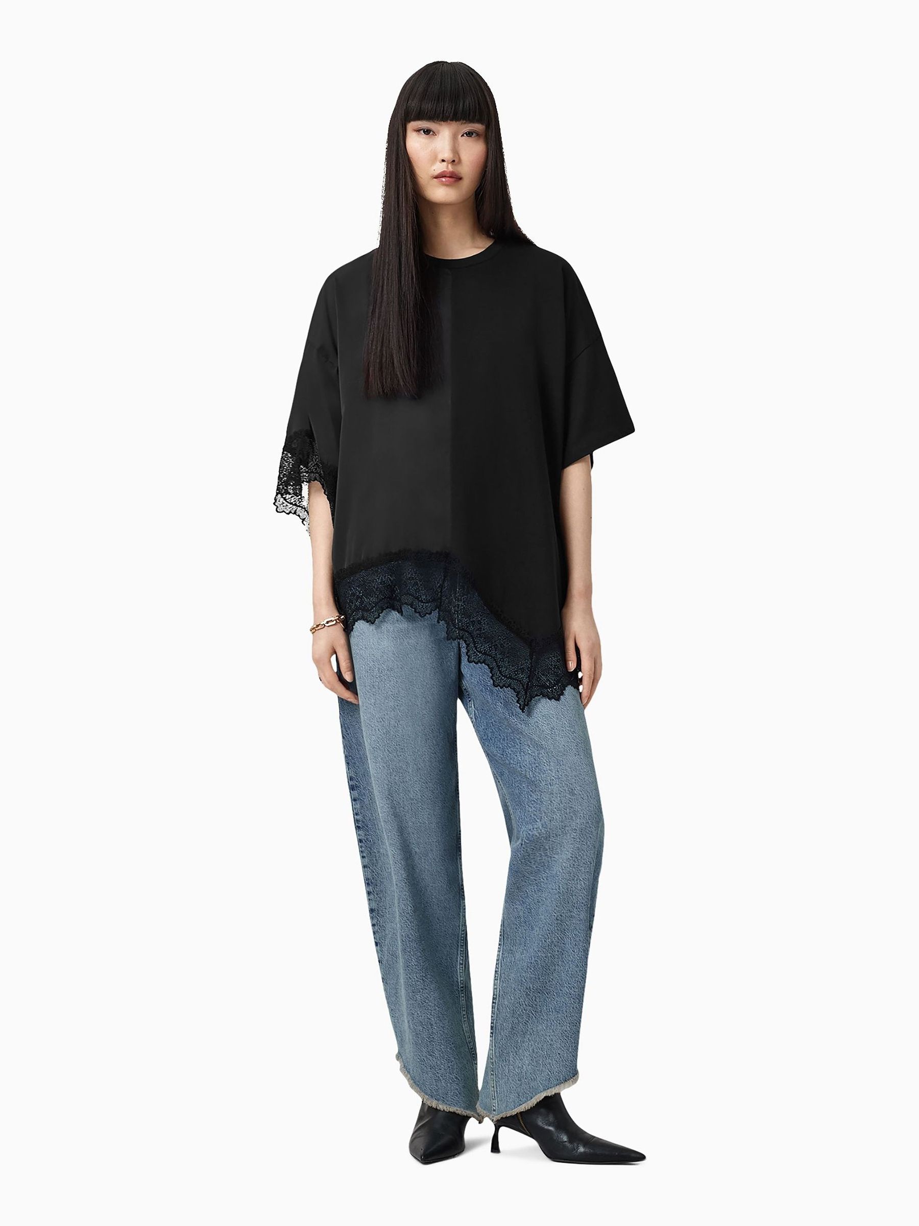 Buy AllSaints Black Lenny Asymmetric Lace Hem Cotton T-Shirt from