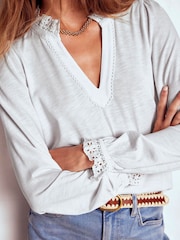Boden White Aria Broderie Notch Neck Top - Image 2 of 5