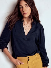 Boden Blue Aria Broderie Notch Neck Blouse - Image 4 of 5