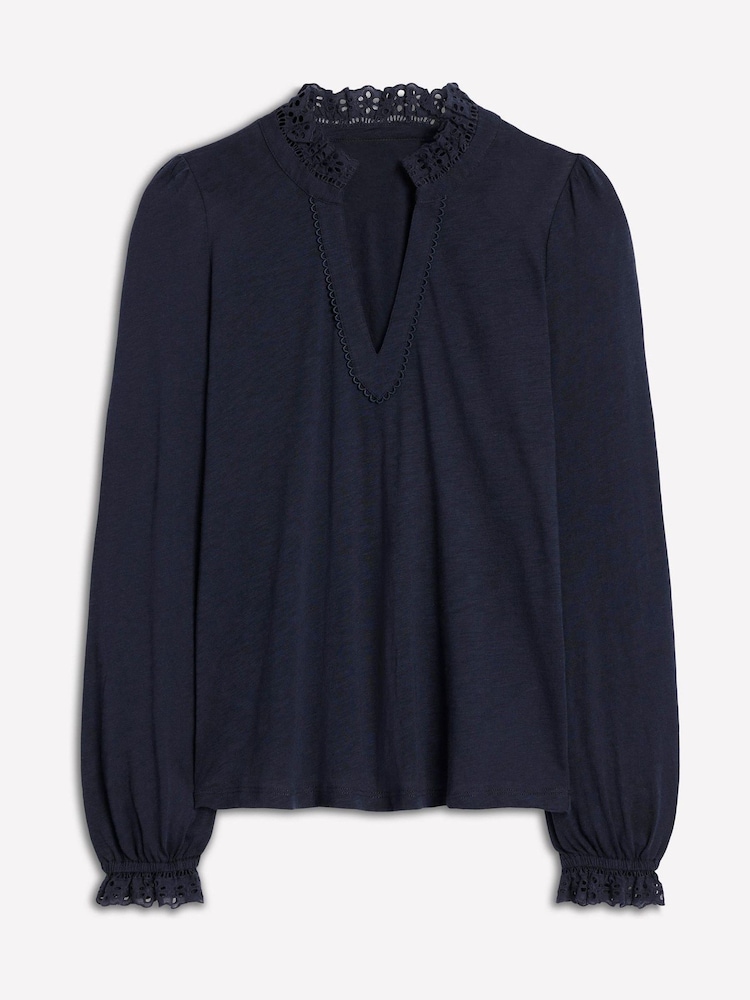Boden Blue Aria Broderie Notch Neck Blouse - Image 5 of 5 Boden Blue Aria Broderie Notch Neck Blouse - Image 5 of 5