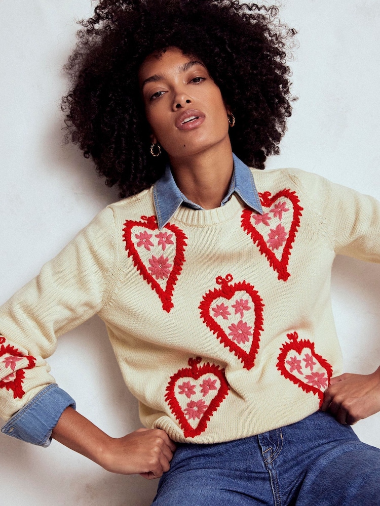 Boden Cream Graphic Print Embroidered Jumper - Image 1 of 6 Boden Cream Graphic Print Embroidered Jumper - Image 1 of 6
