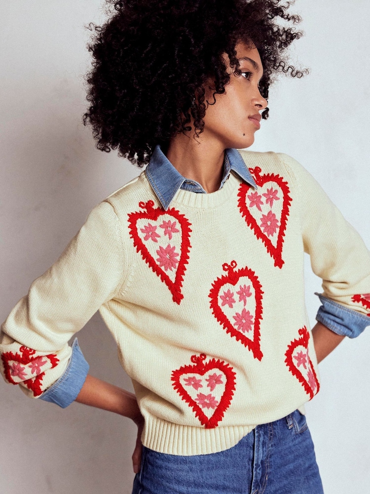Boden Cream Graphic Print Embroidered Jumper - Image 2 of 6 Boden Cream Graphic Print Embroidered Jumper - Image 2 of 6