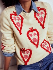 Boden Cream Graphic Print Embroidered Jumper - Image 4 of 6