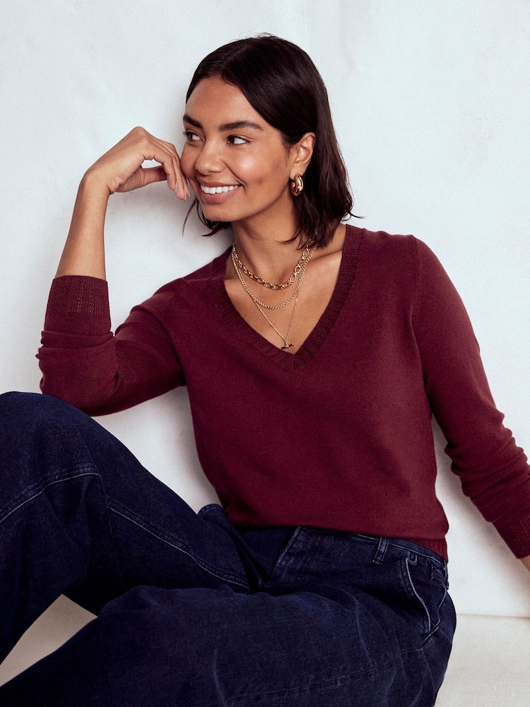 Boden Purple Emilia Cotton V-Neck Jumper - Image 1 of 6 Boden Purple Emilia Cotton V-Neck Jumper - Image 1 of 6