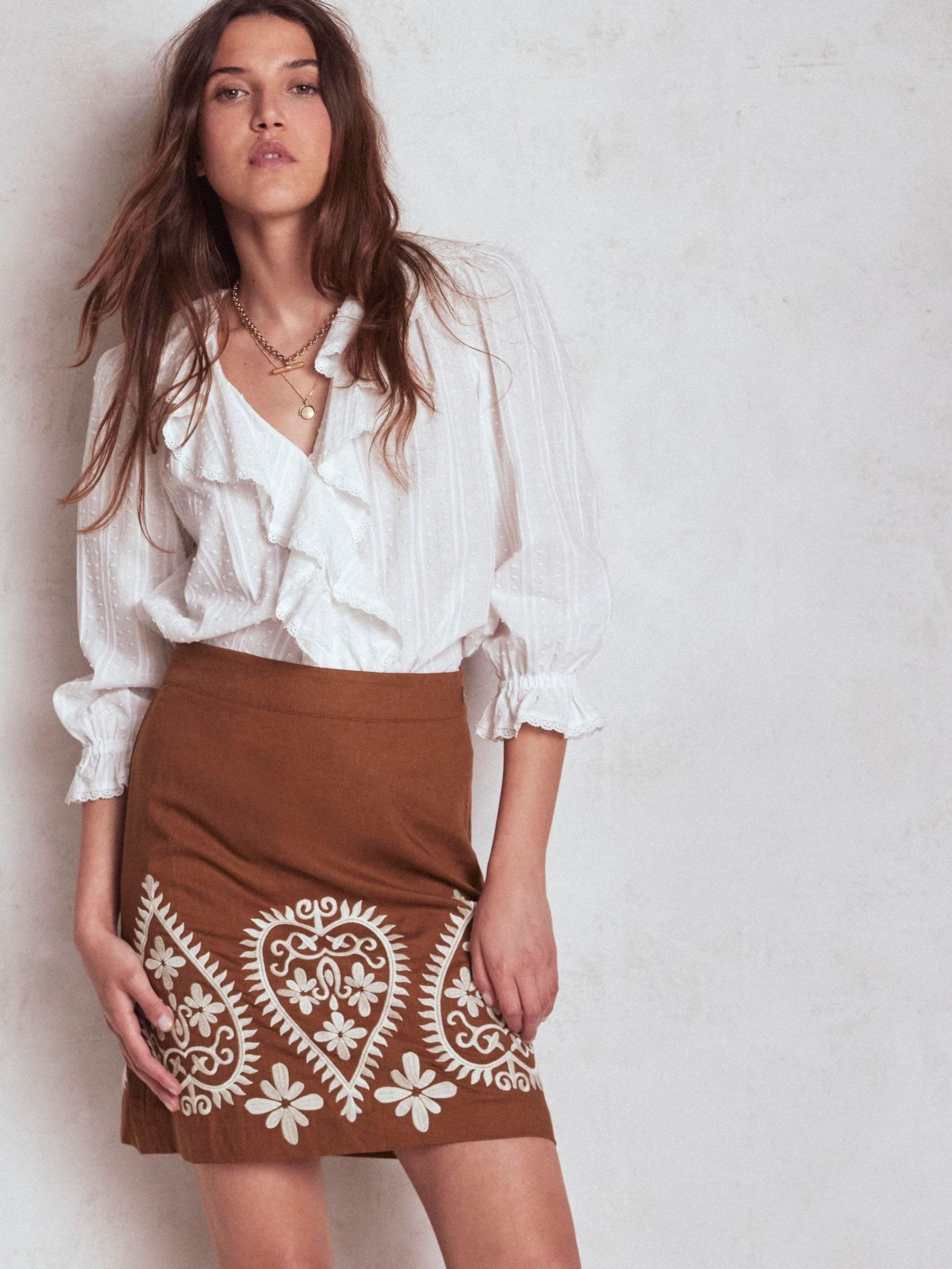 Boden Brown Embroidered Linen Skirt