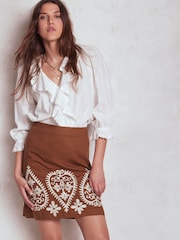 Boden Brown Embroidered Linen Skirt - Image 1 of 5