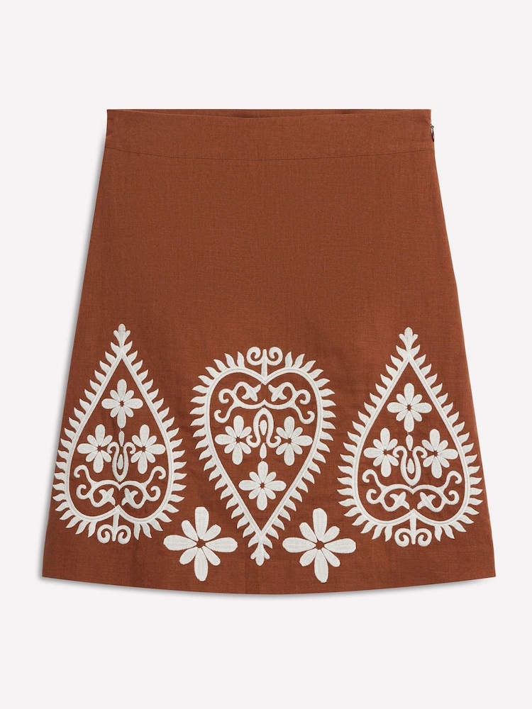 Boden Brown Embroidered Linen Skirt - Image 1 of 5