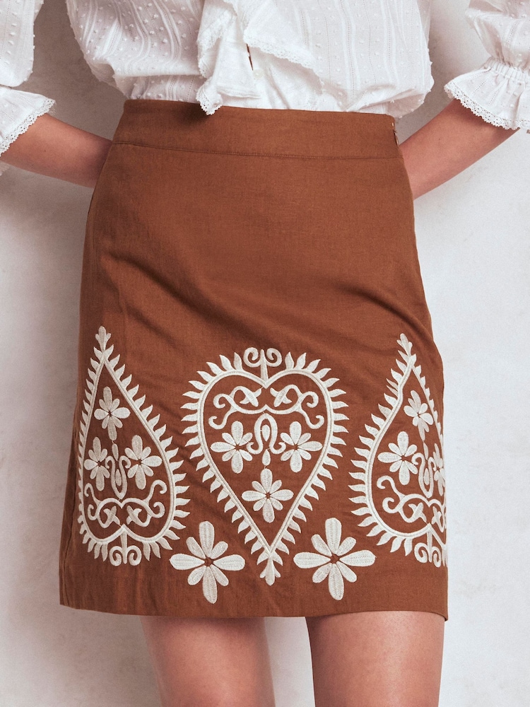 Boden Brown Embroidered Linen Skirt - Image 2 of 5
