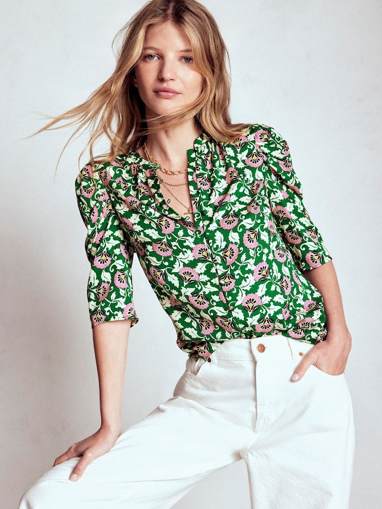 Boden Green Mutton Sleeve Smart Top - Image 1 of 5