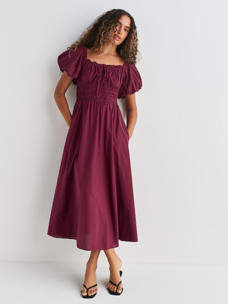 Plum Purple Puff Sleeve Midi Dress - Image 1 of 7 Plum Purple Puff Sleeve Midi Dress - Image 1 of 7