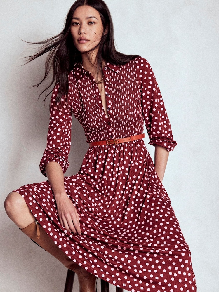 Boden Brown Smocked Jersey Shirt Dress - Image 1 of 5