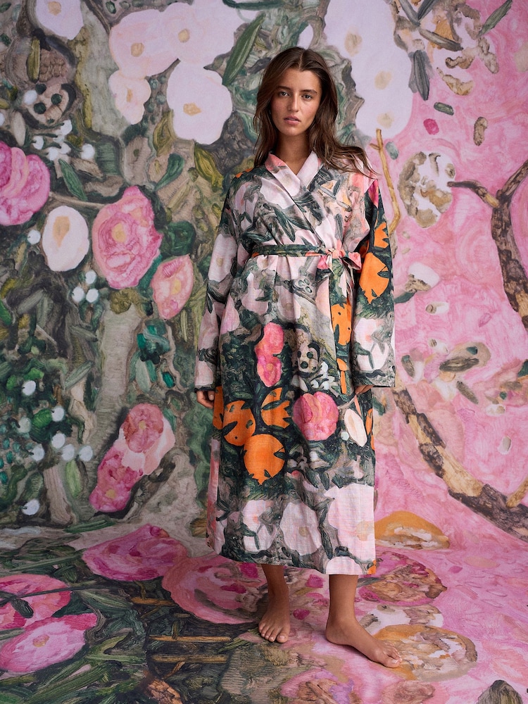 Pink Benjamin Macgregor Scene Print Satin Dressing Gown - Image 1 of 7