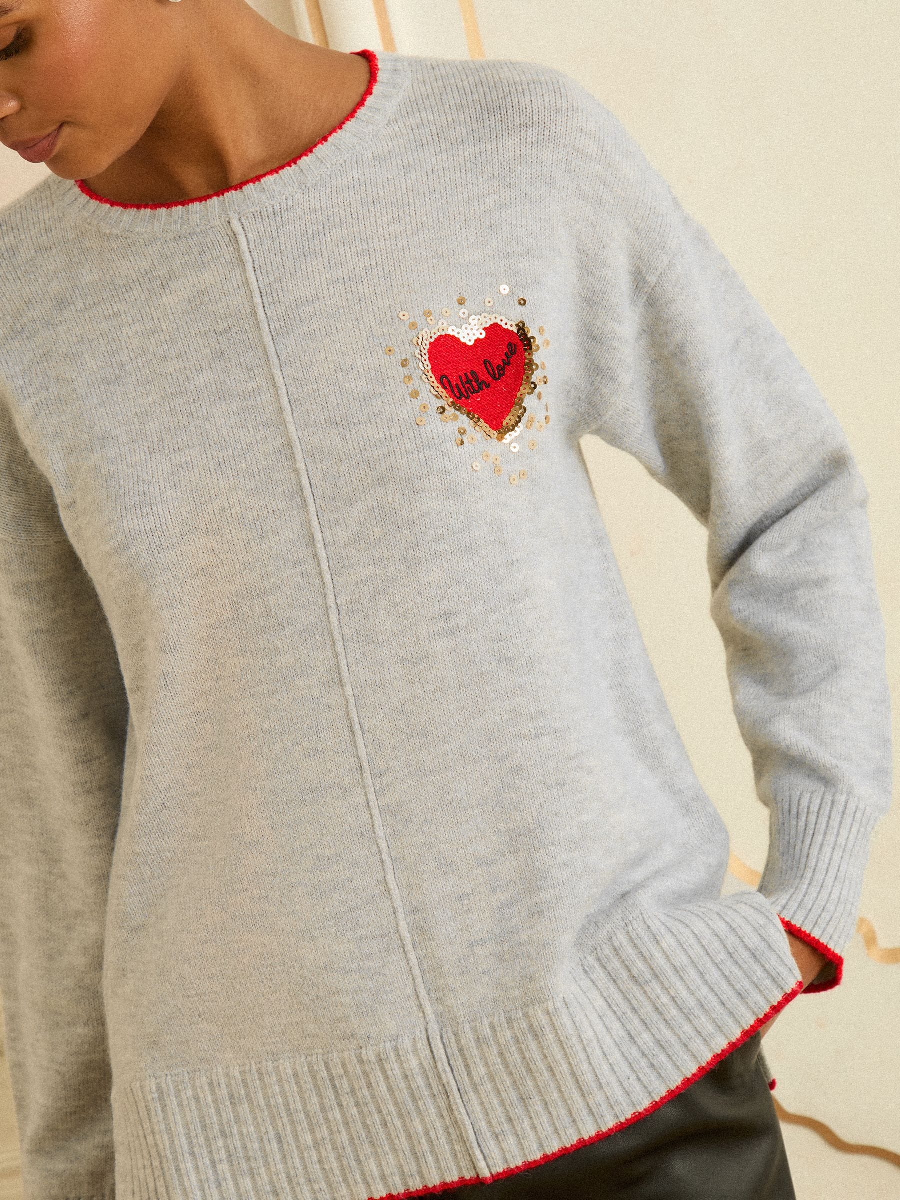 Buy Love & Roses Grey Sequin Red Love Heart Cosy Knitted Jumper