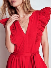 Boden Red Ruffle Detail Tier Midi Dress - Image 2 of 6