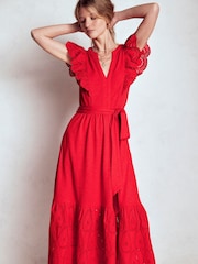 Boden Red Ruffle Detail Tier Midi Dress - Image 4 of 6