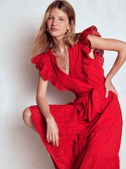 Boden Red Ruffle Detail Tier Midi Dress - Image 5 of 6