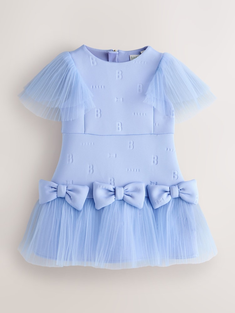 Baker by Ted Baker Angel Sleeve Mesh Bow Hem Embossed Scuba Dress - Image 1 of 7