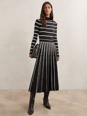 Reiss Black/Ivory Amber Stripe Pleated Knitted Midi Dress - Image 1 of 6