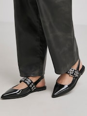 Simply Be Black Wide Fit Pointy Toe Hardwear Mary Jane Flat Slingback Shoes - Image 1 of 4