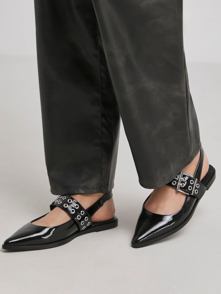 Simply Be Black Wide Fit Pointy Toe Hardwear Mary Jane Flat Slingback Shoes - Image 1 of 4 Simply Be Black Wide Fit Pointy Toe Hardwear Mary Jane Flat Slingback Shoes - Image 1 of 4
