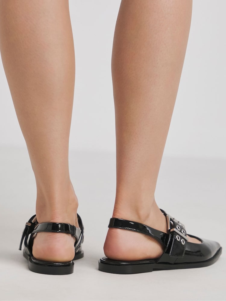 Simply Be Black Wide Fit Pointy Toe Hardwear Mary Jane Flat Slingback Shoes - Image 2 of 4 Simply Be Black Wide Fit Pointy Toe Hardwear Mary Jane Flat Slingback Shoes - Image 2 of 4