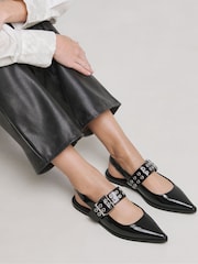 Simply Be Black Wide Fit Pointy Toe Hardwear Mary Jane Flat Slingback Shoes - Image 4 of 4